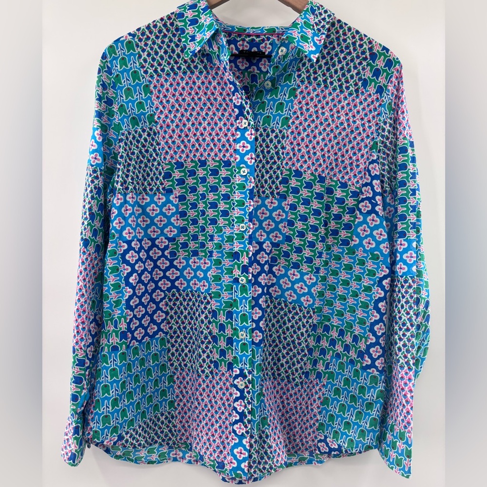 Talbots Blue and Green Patchwork Patterned Button… - image 3